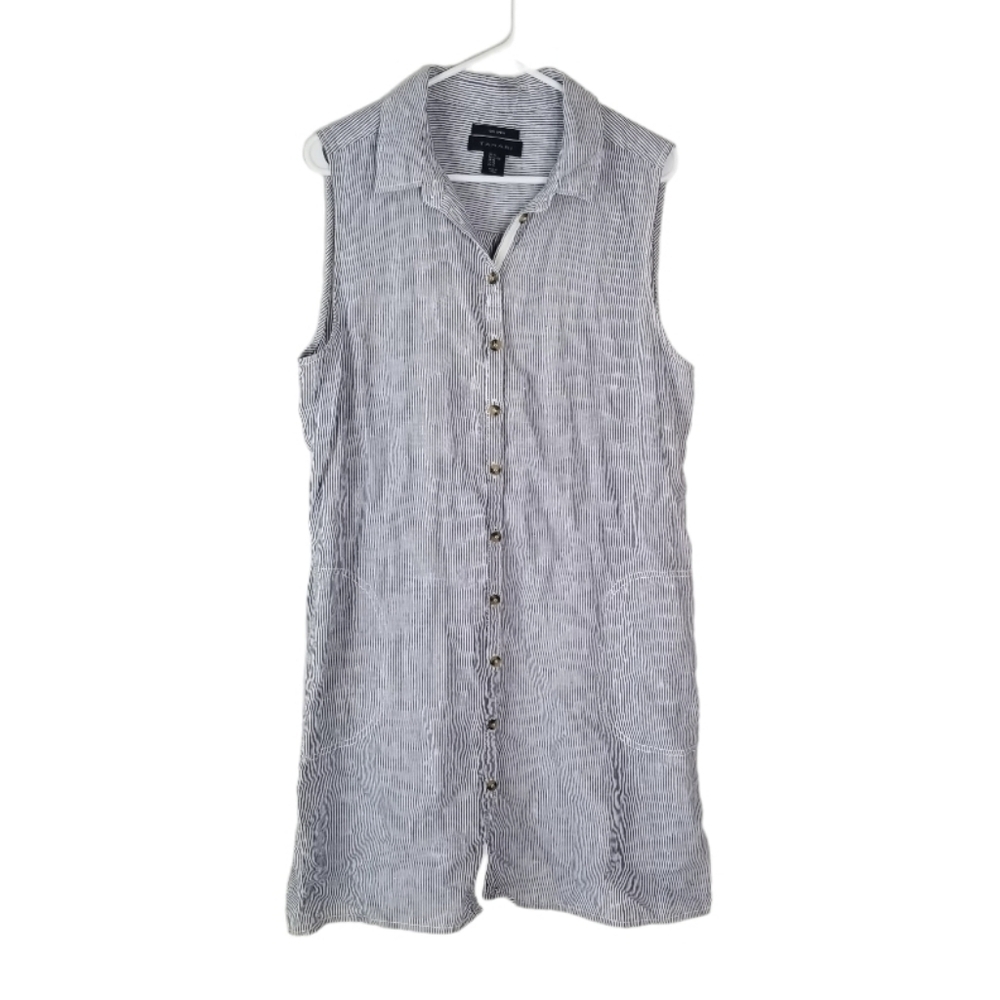 Tahari 100% Linen Sleeveless Button Front Stripped Shirt Dress Size XL Pockets